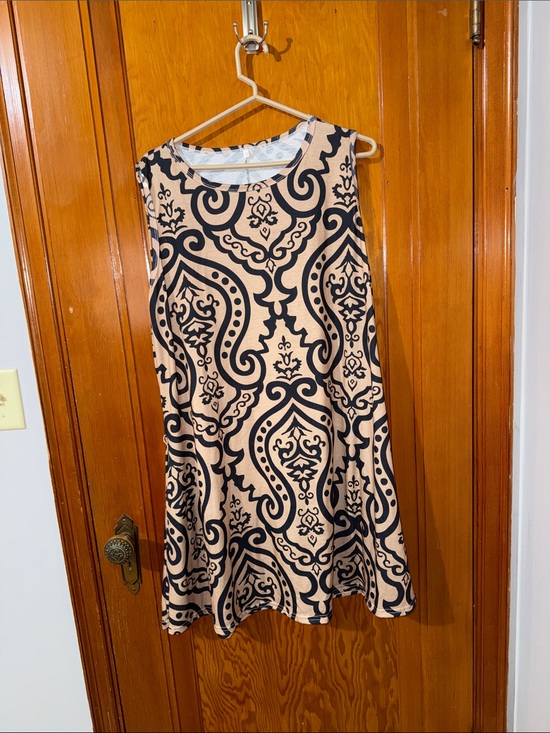 no brand Dresses & Skirts - Beige and Black Sleeveless Mini Dress with Ornate Print